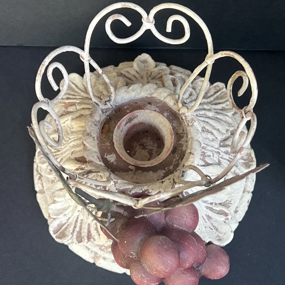 VTG Grapes Hurricane Taper Candle Holder Glass Chimney Resin Metal 10.25
